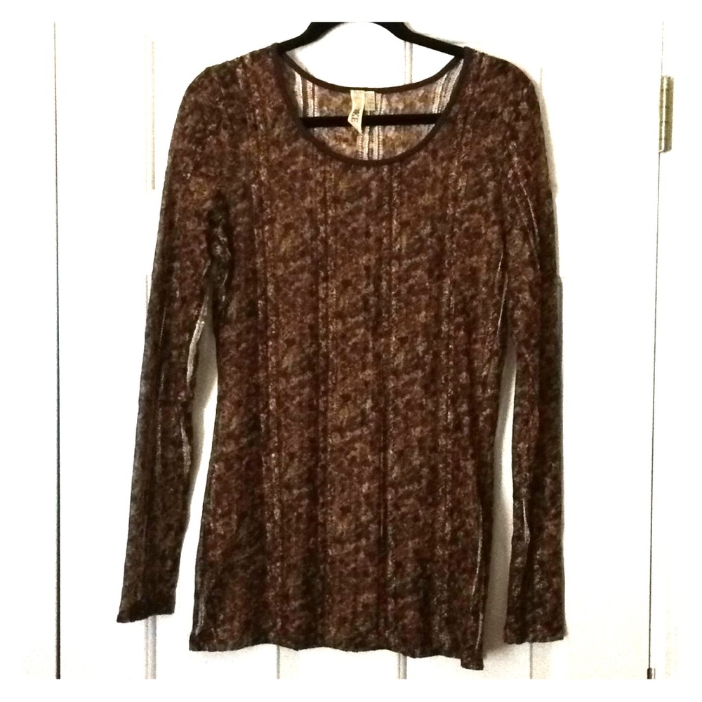 “Buckle” Brown/Green/Orange Long-Sleeve Sheer Top